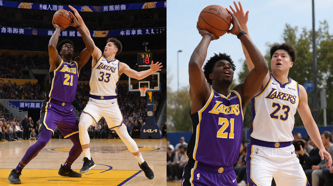 NBA常规赛湖人对阵勇士的比赛现场，球员激烈对抗